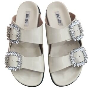 Bibilou Anthropologie Rose Crystal Cream Patent Leather Buckle Sandals 37 Size 7